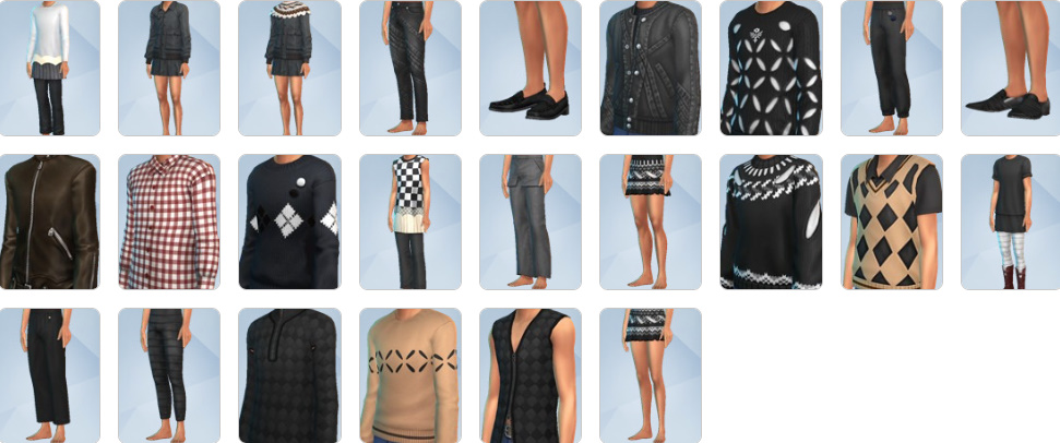 Sims styled in pleated skirts, patterned cardigans, and layered menswear looks.