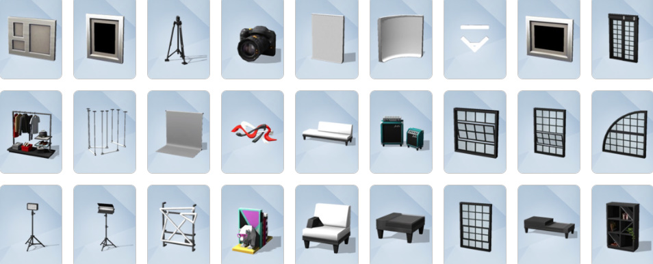 A Sims photo studio with lights, backdrop, and Moschino furniture.