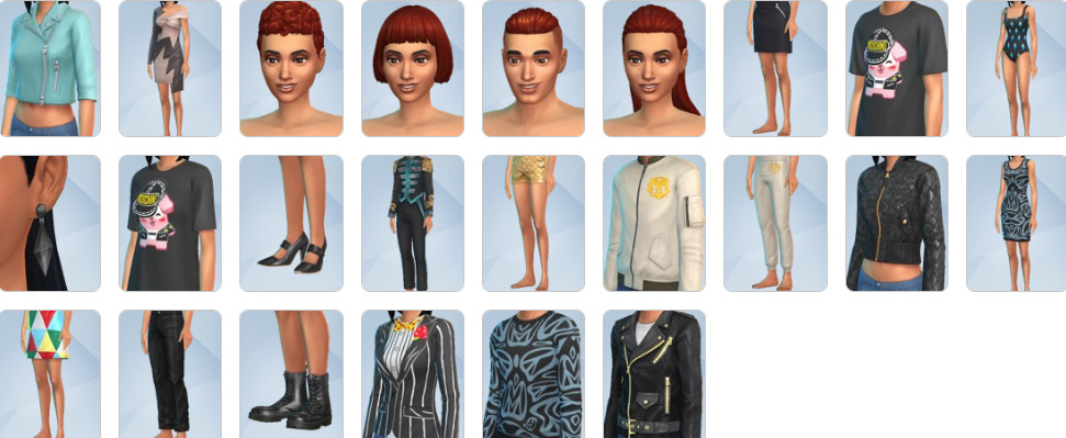 Sims wearing Moschino Capsule Collection outfits inspired by real-world designs.