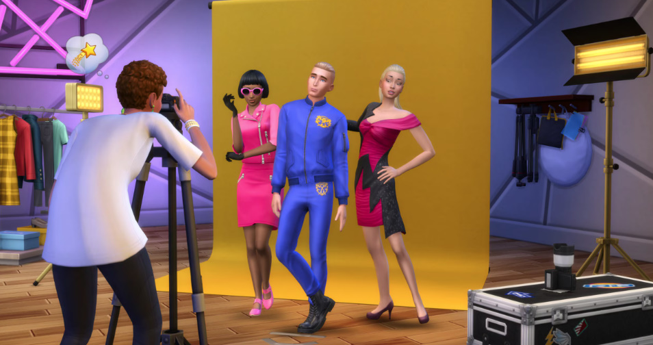 Sims posing in Moschino fashion with bold studio décor.