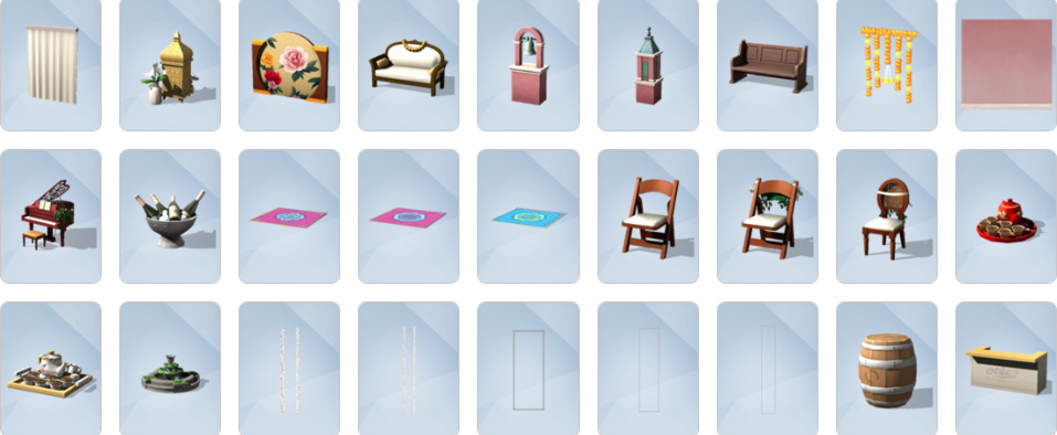 Wedding arches, banquet tables, floral décor, and romantic venues from The Sims 4: My Wedding Stories Build/Buy catalogue.