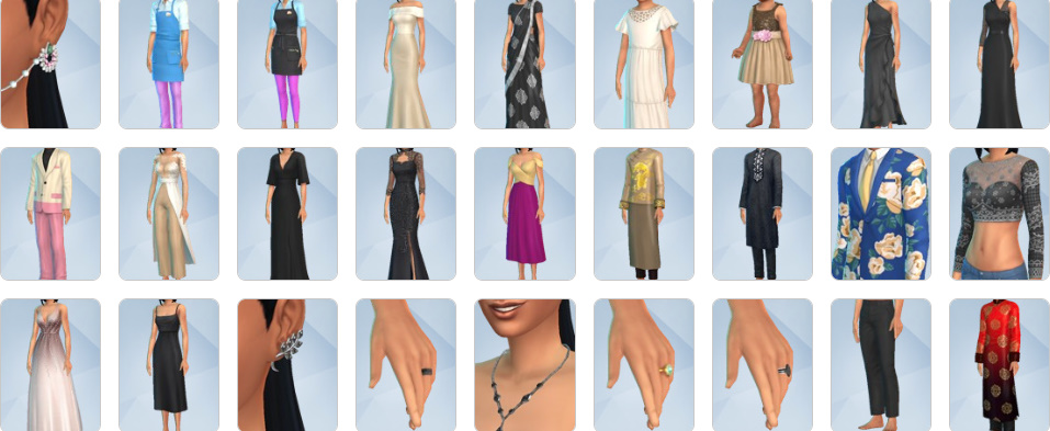 Bridal gowns, tuxedos, bridesmaid dresses, and cultural outfits from The Sims 4: My Wedding Stories CAS mode.