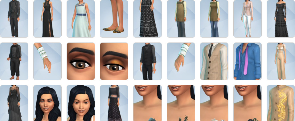 Bridal gowns, tuxedos, bridesmaid dresses, and cultural outfits from The Sims 4: My Wedding Stories CAS mode.