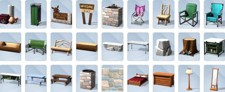 Rustic tents, fire pits, lanterns, and log-style furniture from The Sims 4: Outdoor Retreat Build/Buy catalogue.