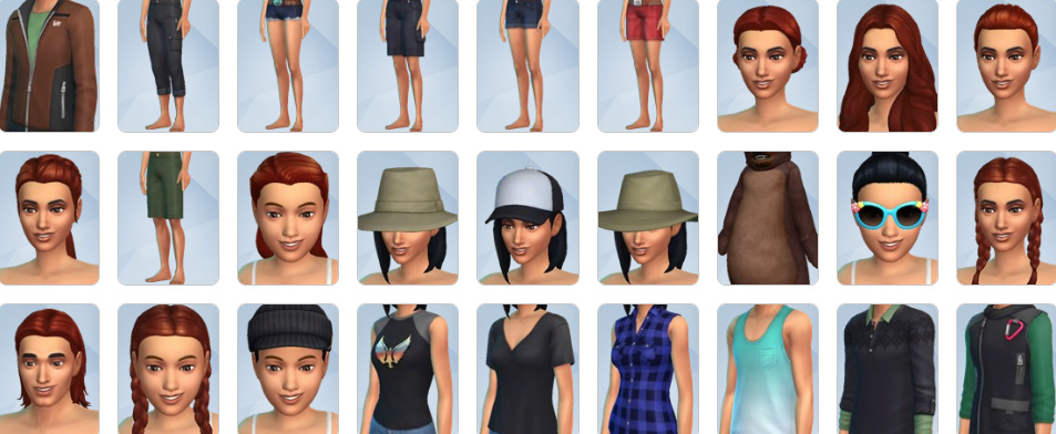 Outdoor clothing and hairstyles from The Sims 4: Outdoor Retreat, including flannel shirts, hiking boots, and hats.