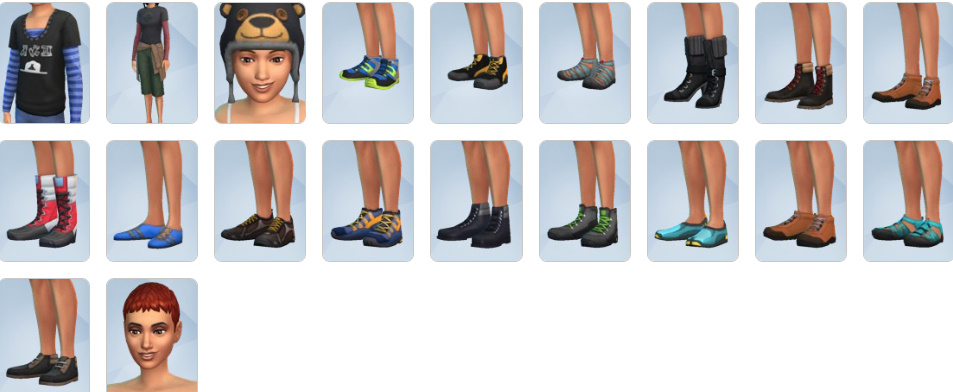 Outdoor clothing and hairstyles from The Sims 4: Outdoor Retreat, including flannel shirts, hiking boots, and hats.