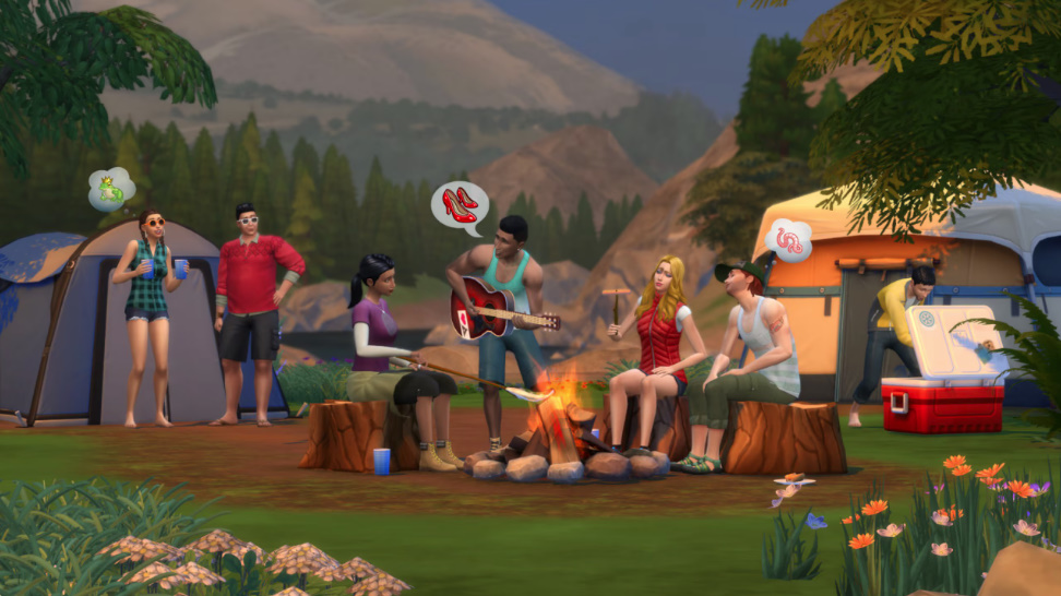 Sims camping in Granite Falls surrounded by forest scenery from The Sims 4: Outdoor Retreat.