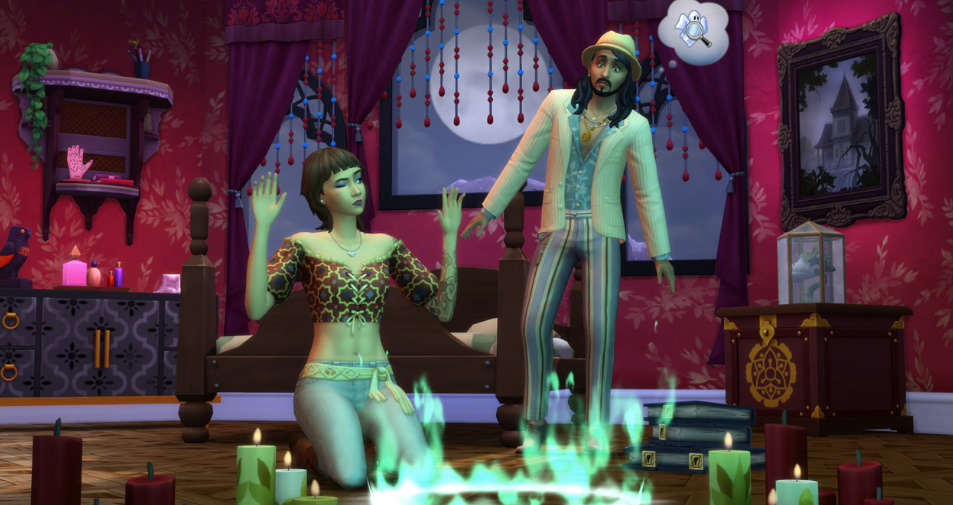 A haunted house with spectres and Sims performing a séance.