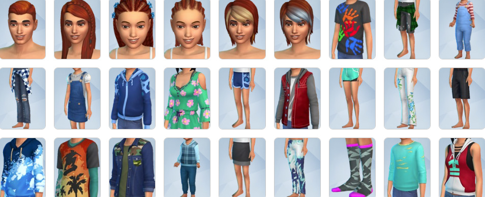 Casual parent clothing, teen outfits, and children’s wear from The Sims 4: Parenthood CAS mode.