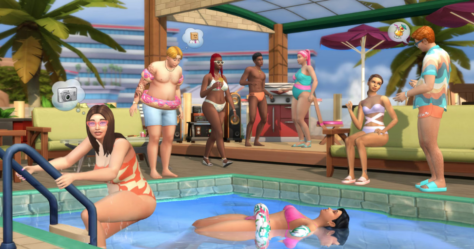 Sims lounging by the pool in new swimwear from Poolside Splash.