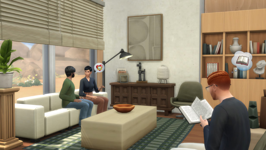 Sims sitting in a modern, stylish living room decorated with Refined Living Room items.