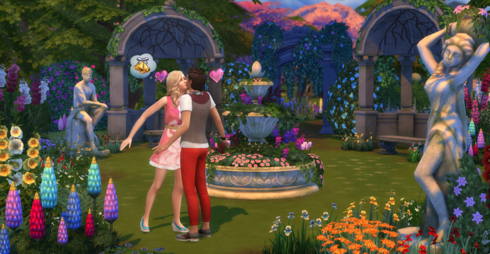 Sims relaxing by a fountain in a flower-filled garden.