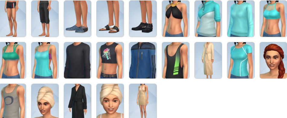 Relaxed spa outfits, yoga wear, robes, and nail polish options from The Sims 4: Spa Day CAS.