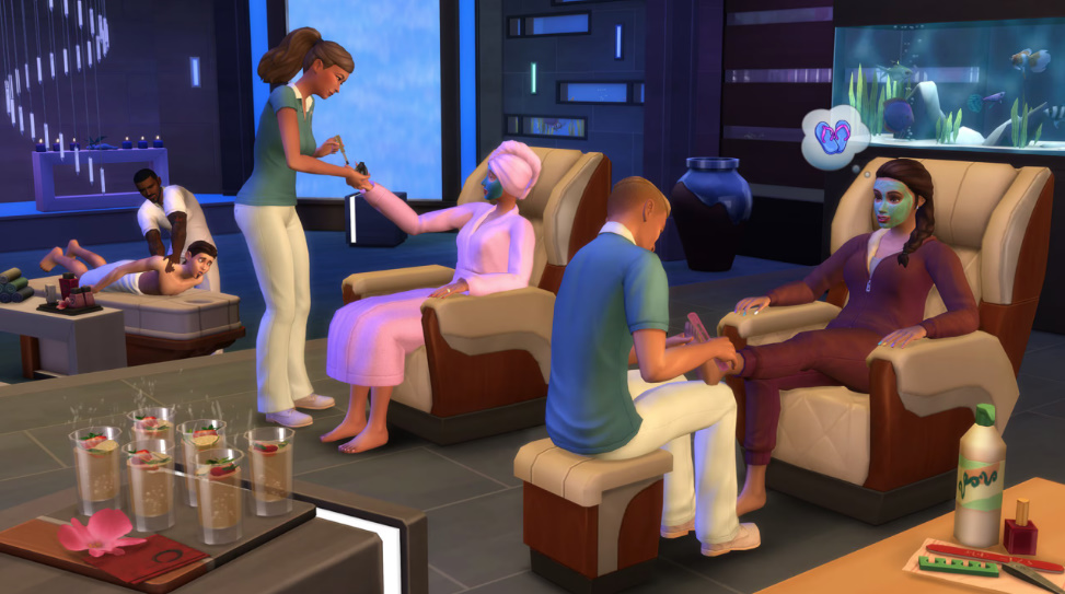 Sims practicing yoga, meditation, and spa treatments in The Sims 4: Spa Day.