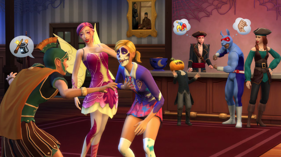Sims in Halloween costumes at a spooky party with carved pumpkins.