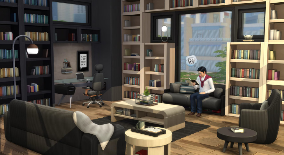 Sims relaxing in cosy reading spaces with bookshelves and warm décor.