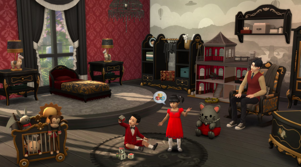 Sims showcase a whimsical nursery decorated with furniture from the Storybook Nursery Kit.