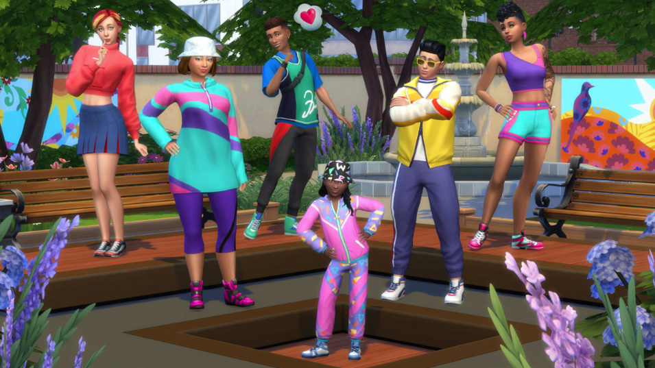 Sims wearing colourful 90s-inspired tracksuits and retro sportswear.