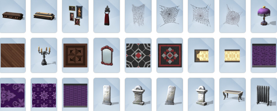 Gothic furniture, coffins, chandeliers, and eerie decor from The Sims 4: Vampires Build/Buy catalogue.