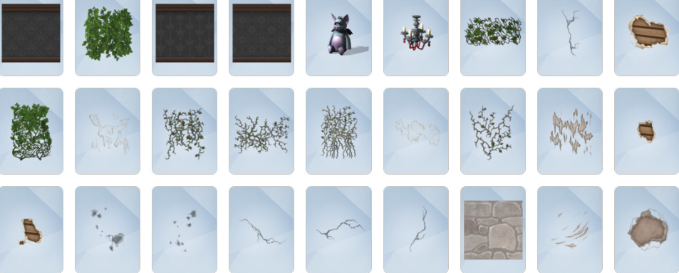 Gothic furniture, coffins, chandeliers, and eerie decor from The Sims 4: Vampires Build/Buy catalogue.
