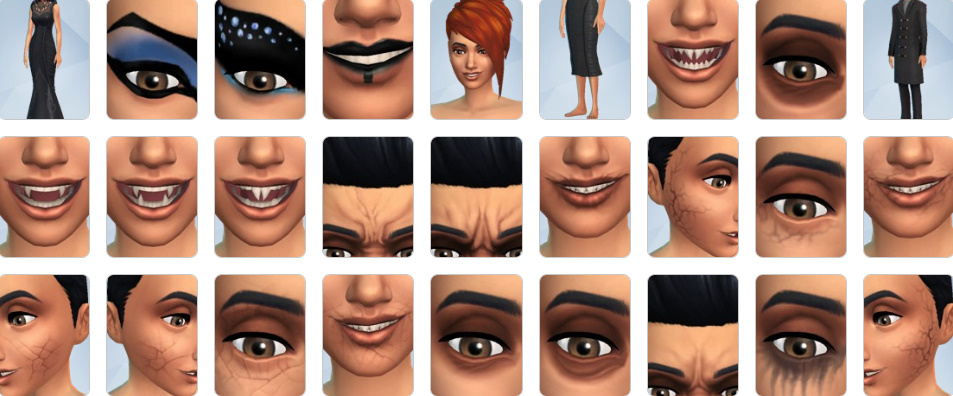 Gothic clothing, pale skin tones, and vampire fangs from The Sims 4: Vampires CAS mode.