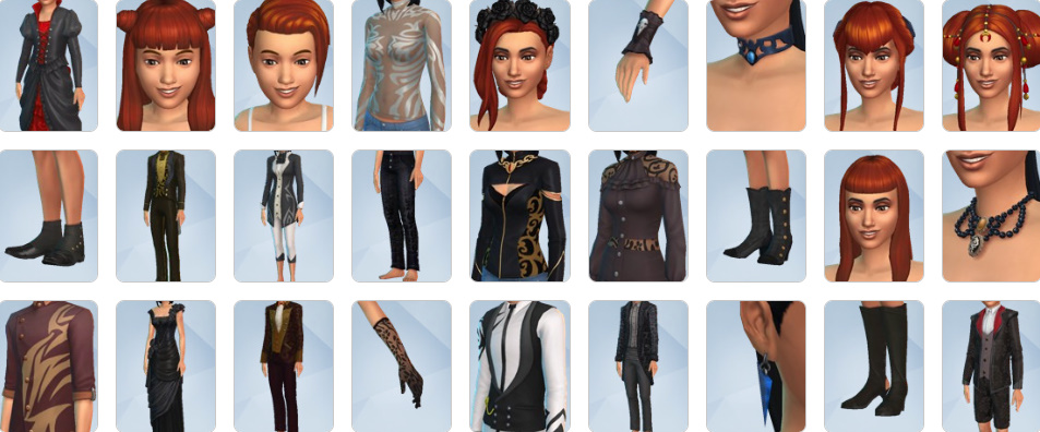 Gothic clothing, pale skin tones, and vampire fangs from The Sims 4: Vampires CAS mode.