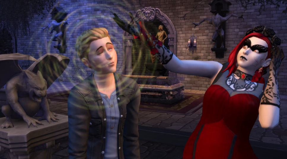 Vampires standing in Forgotten Hollow at night with gothic houses and misty streets in The Sims 4: Vampires.