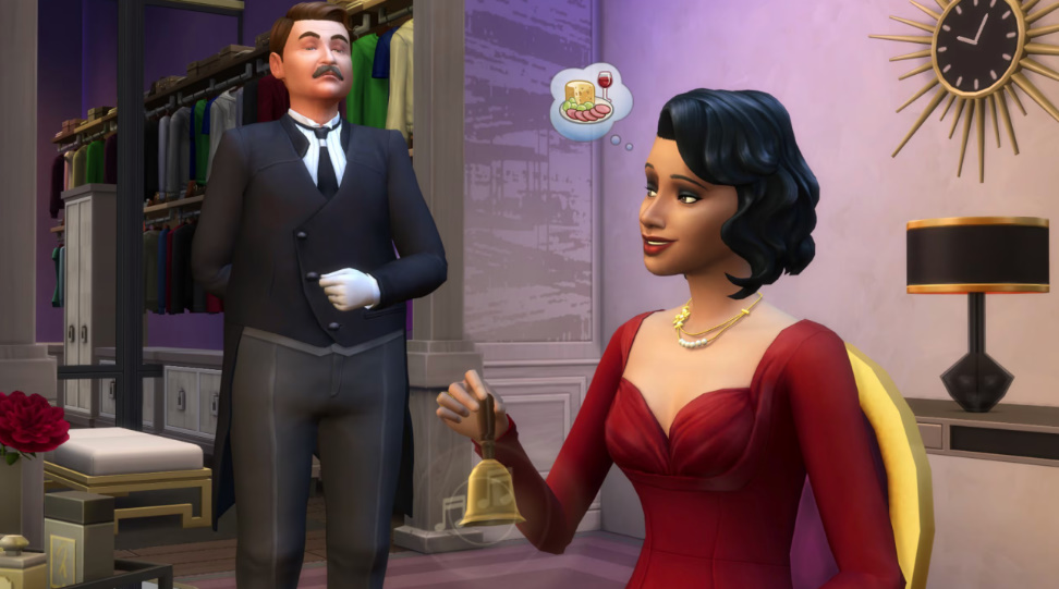 Sims dressed in glamorous vintage outfits in a Hollywood-style lounge.