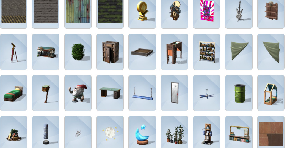 Rustic furniture, grungy decor, and Moonwood Mill-inspired items from The Sims 4: Werewolves Build/Buy catalogue.