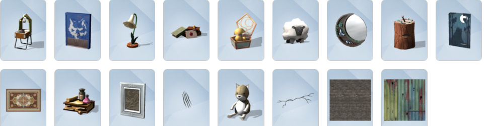 Rustic furniture, grungy decor, and Moonwood Mill-inspired items from The Sims 4: Werewolves Build/Buy catalogue.
