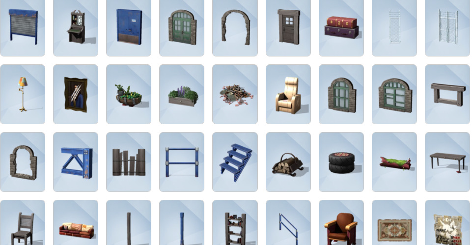 Rustic furniture, grungy decor, and Moonwood Mill-inspired items from The Sims 4: Werewolves Build/Buy catalogue.