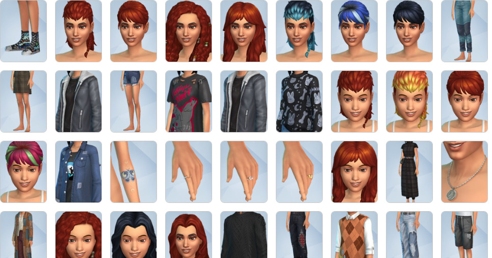Grunge-inspired outfits, layered clothing, and rugged hairstyles from The Sims 4: Werewolves CAS.