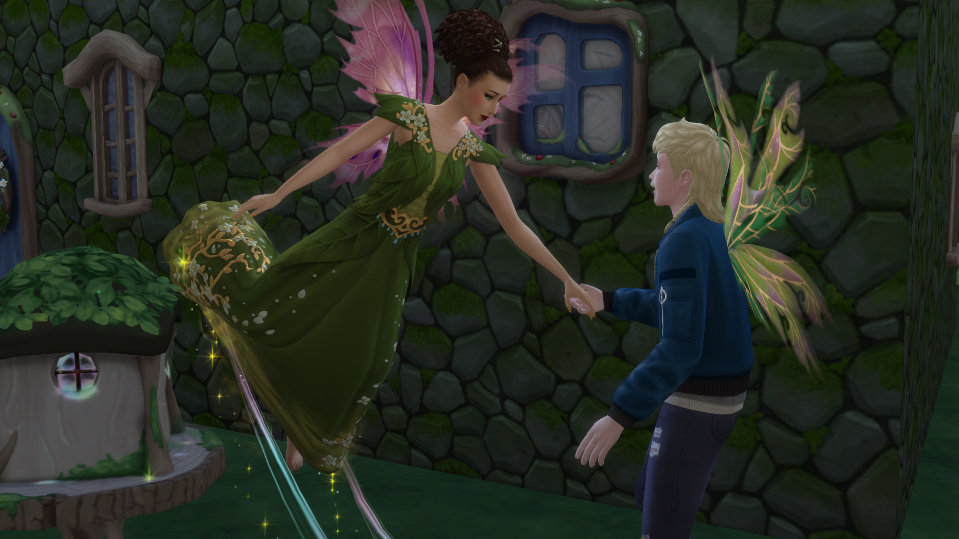 Two fairy Sims holding hands during a WooHoo interaction outside a fairy home in The Sims 4