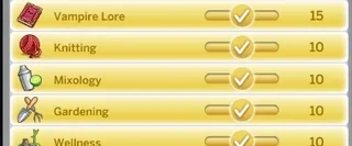 Completed skills list in The Sims 4 showing maxed abilities including Vampire Lore, Gardening, Wellness, Cooking, Charisma, and Fitness.