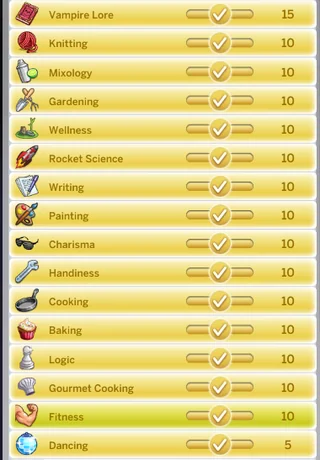 Completed skills list in The Sims 4 showing maxed abilities including Vampire Lore, Gardening, Wellness, Cooking, Charisma, and Fitness.
