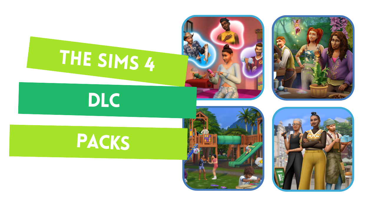 A promotional image for The Sims 4 featuring the game’s logo at the top and a grid of icons below representing various DLC pack themes. Icons include a wheelbarrow, disco ball, pram, cake, orange slice, theatre masks, house, coffin, rocket, snowflake, and group silhouettes. The background is teal blue.