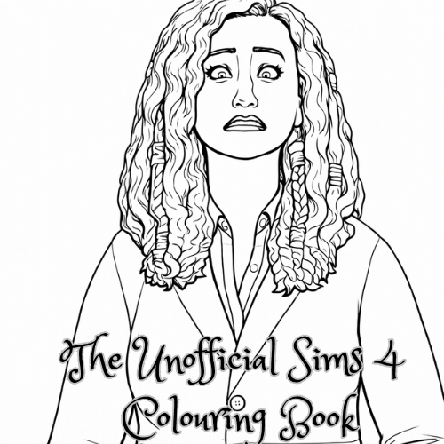 Black and white line art illustration of a female Sim character for an unofficial Sims 4 colouring book
