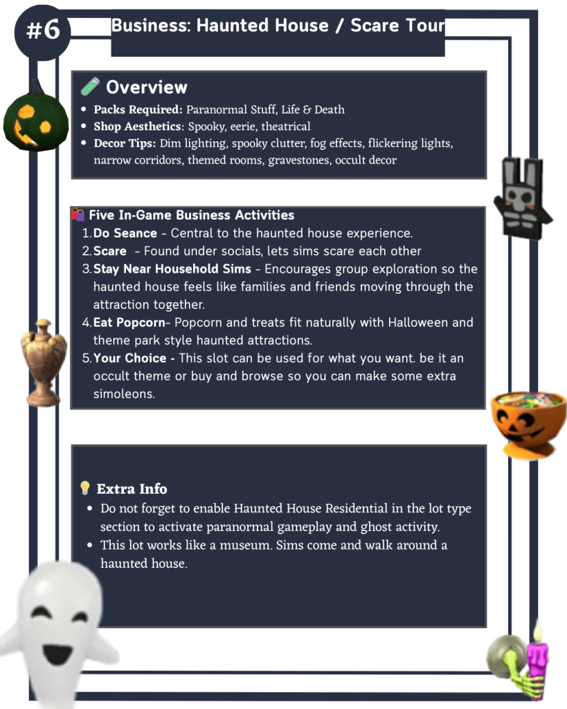 Dark themed Haunted House Scare Tour business card for The Sims 4 showing required packs, spooky decor tips, and five in game business activities