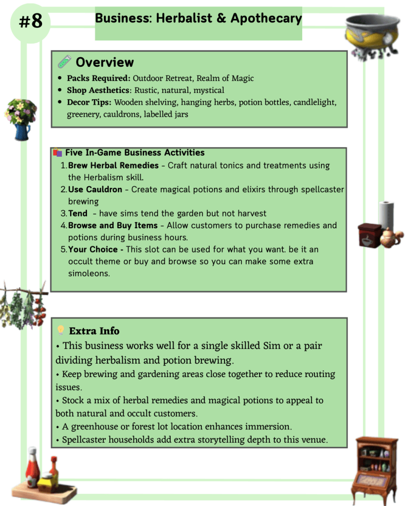 Green themed Herbalist and Apothecary business card for The Sims 4 showing required packs, decor style, and five in game business activities