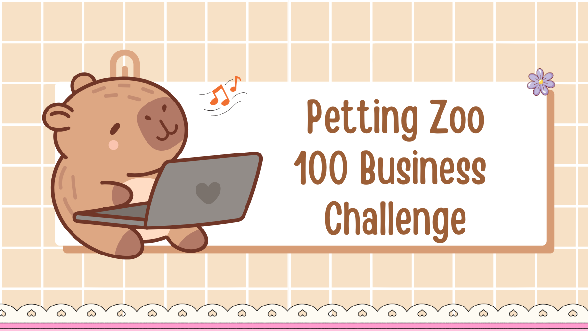 Petting Zoo banner for The Sims 4 100 Business Challenge featuring a cute bear design and rustic farm themed text layout.