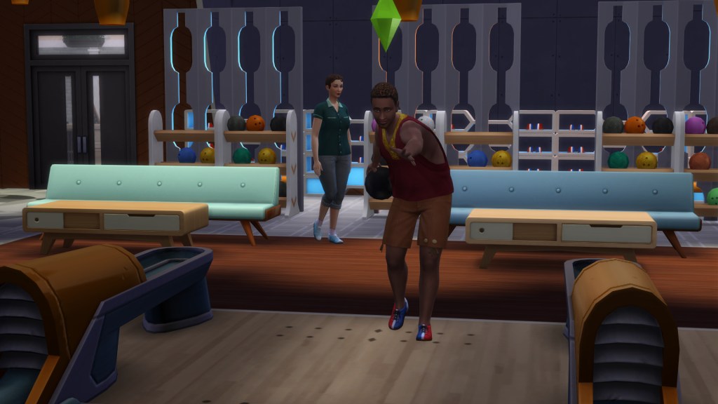 Sim aiming a bowling ball in a modern bowling alley in The Sims 4
