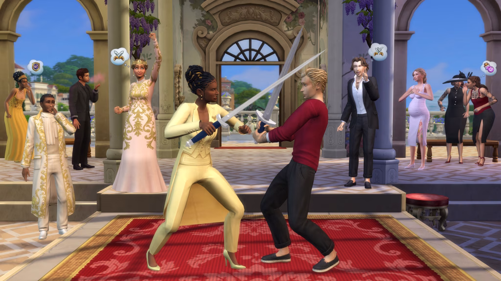 Two Sims duelling with swords at a formal event in The Sims 4 Royalty and Legacy