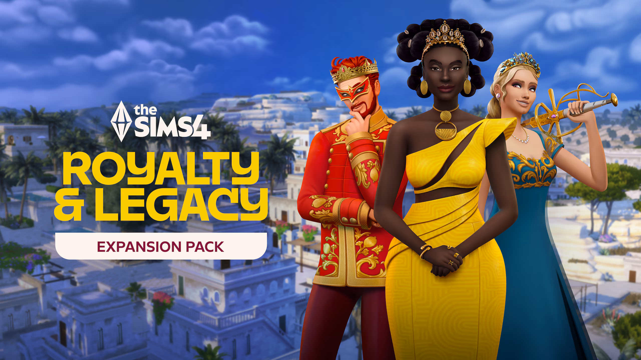 Sims dressed in royal outfits standing in a grand palace city in The Sims 4 Royalty and Legacy expansion pack