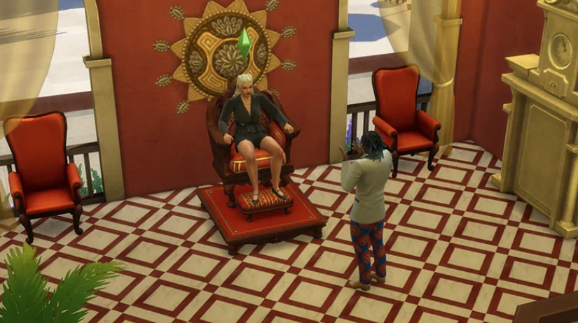 Sim sitting on a royal throne while another Sim speaks during a court interaction in The Sims 4 Noble career