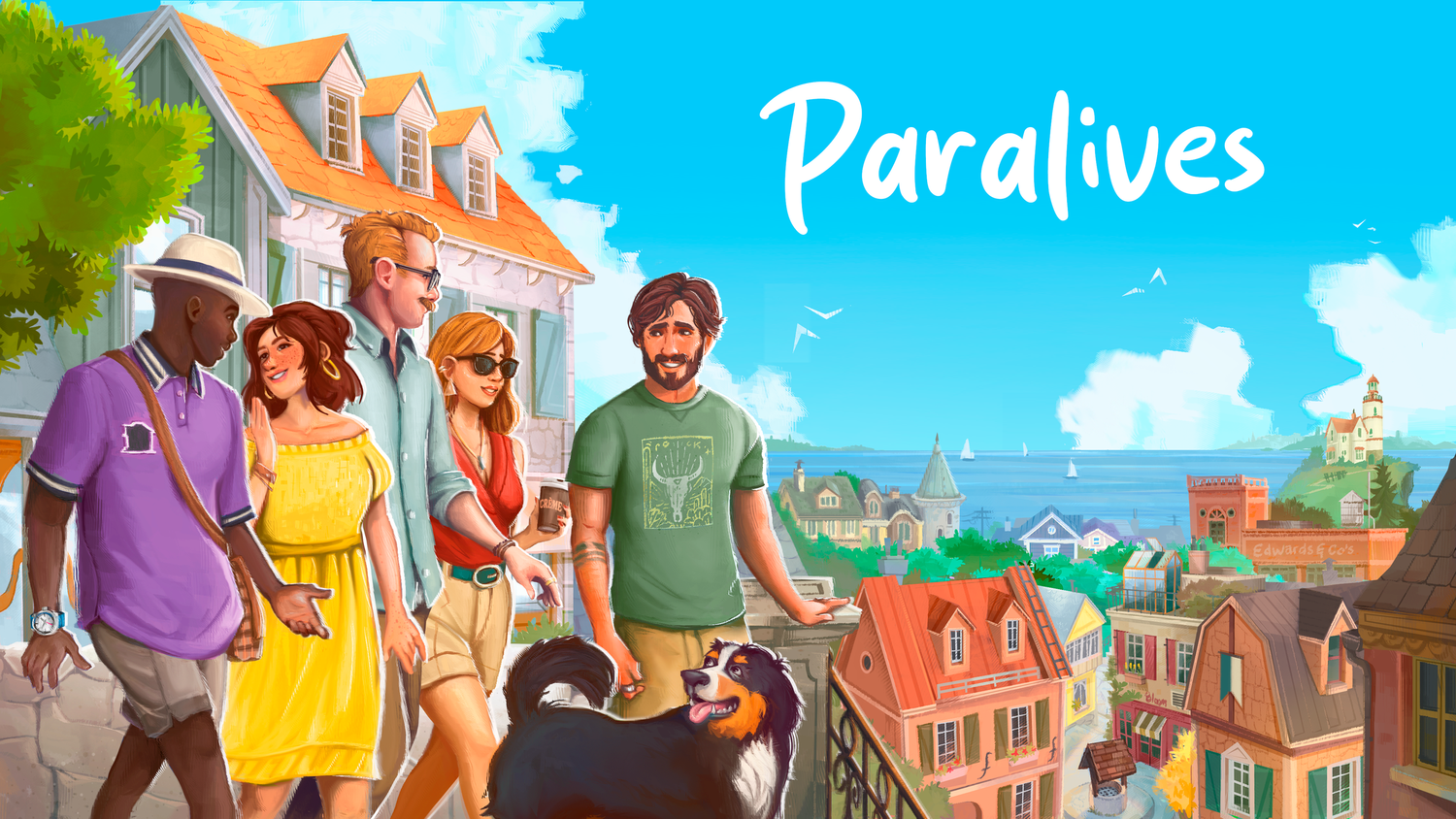 Paralives key art showing several Parafolks and a dog overlooking a colourful coastal town.