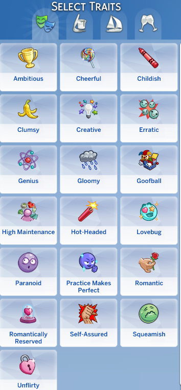 The Sims 4 traits menu showing different personality, lifestyle, and social traits available for Sims.