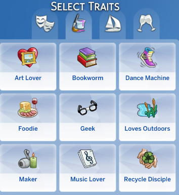 The Sims 4 traits menu showing different personality, lifestyle, and social traits available for Sims.