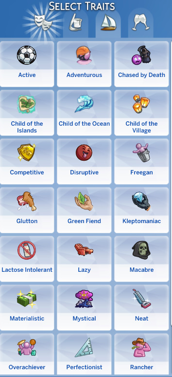 The Sims 4 traits menu showing different personality, lifestyle, and social traits available for Sims.