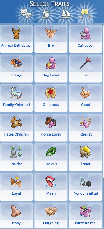 The Sims 4 traits menu showing different personality, lifestyle, and social traits available for Sims.