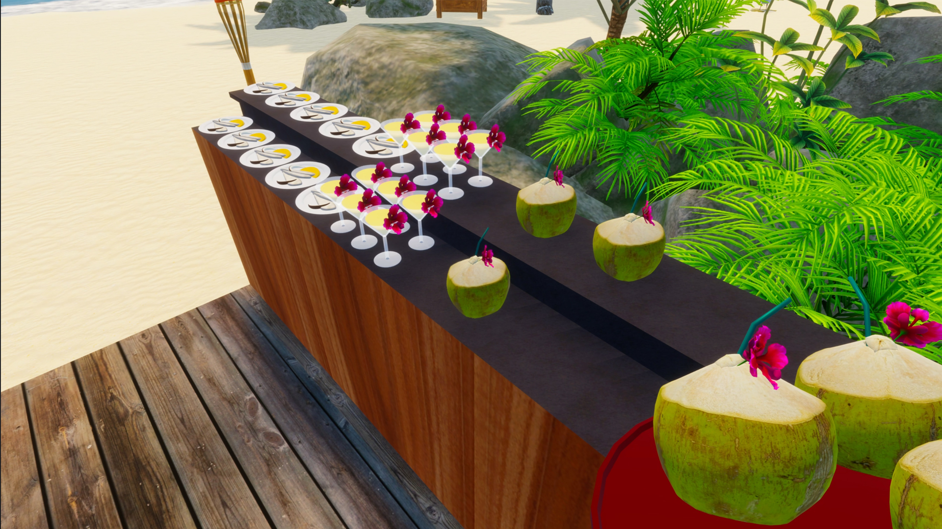 Buffet bar in Tropical Resort Simulator with coconut drinks, plated food, cocktails, and tropical plants.